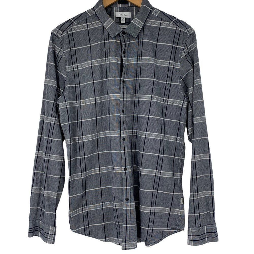 Mens Calvin Klein Plaid Body Fit Shirt Large Navy Snap Closure 3744 EUC Stretch